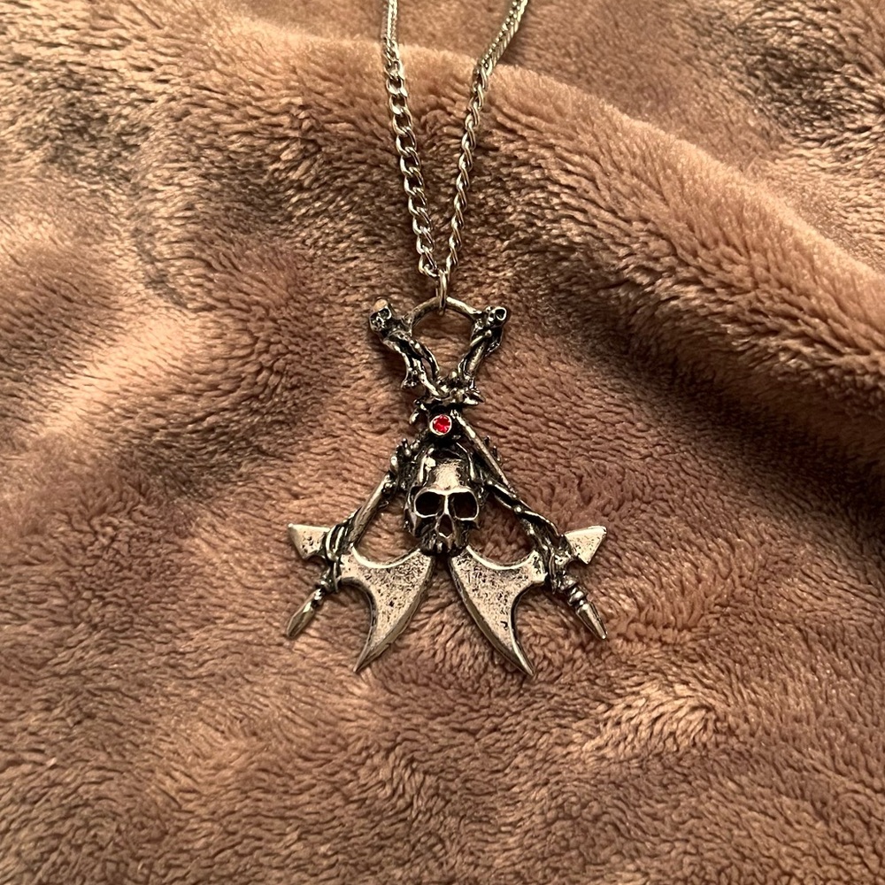 VINTAGE Aged Silver Gothic Skull on Crossed Battle Axes Oversized Necklace